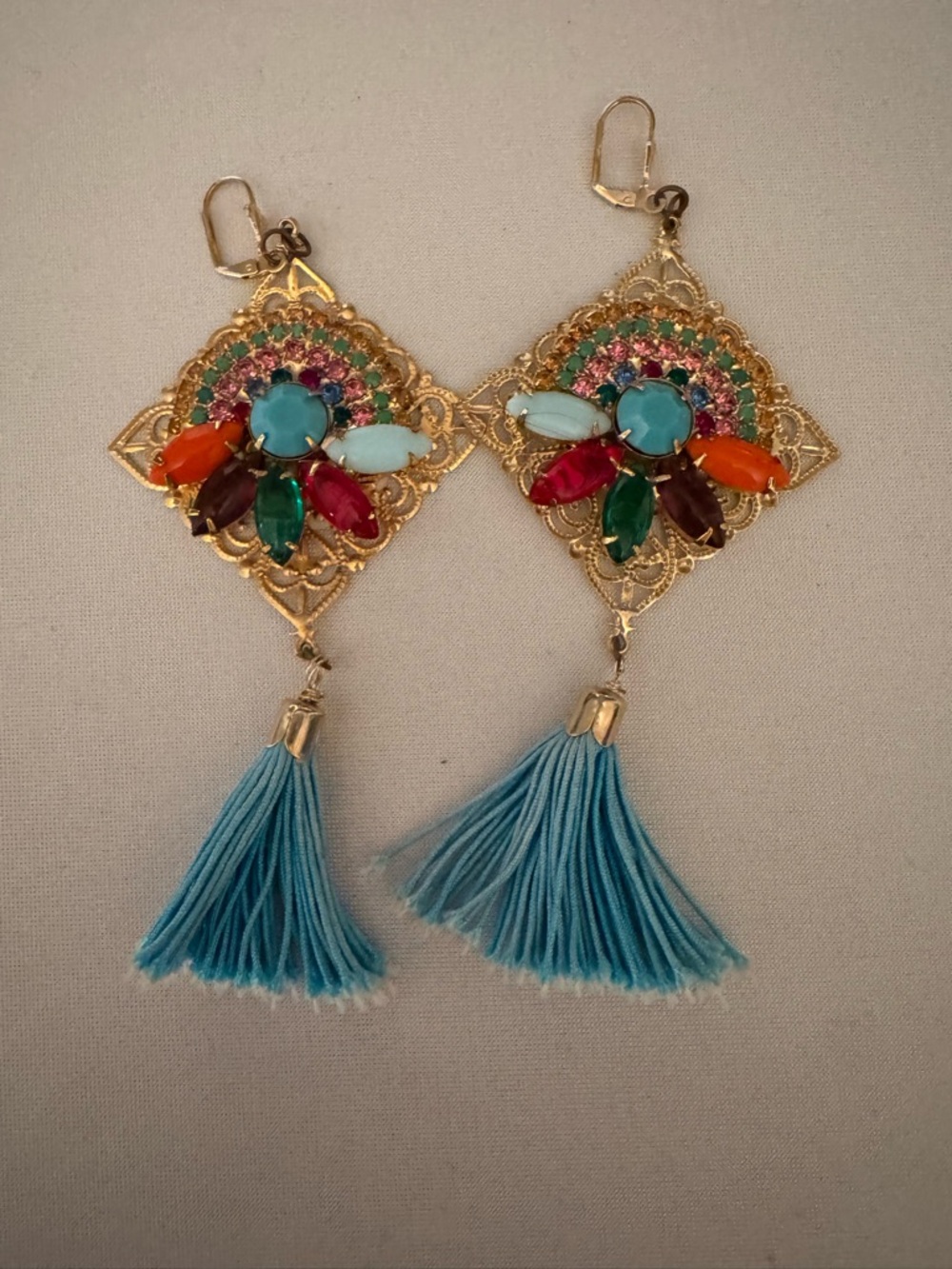 Gold Filigree Tassel Earrings with Multicolor Gemstones - Blue Tassel